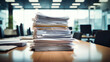 Pile of documents on an office desk. Generative AI.