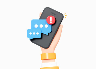 Poster - 3d hand holds mobile phone with message and exclamation mark. smartphone with warning alert notifica