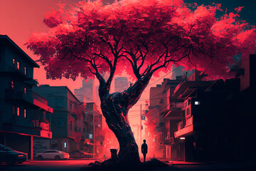 Wall Mural - A tree in the middle of a city at night. Cyberpunk. Generative AI