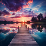 Fototapeta Las - Relaxing moment: Wooden pier on a lake with an amazing sunset