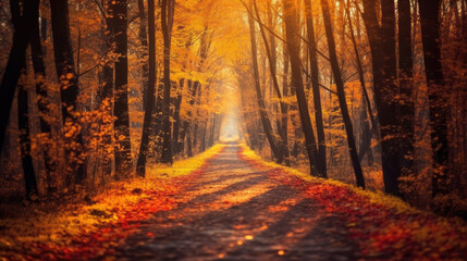Wall Mural - Autumn forest road in autumn leaves background. morning sunlight. Generative Ai