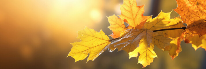 Wall Mural - Autumn leaves on the sun and blurred trees for fall background. Generative Ai