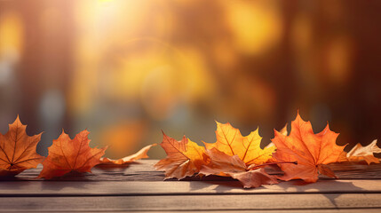 Wall Mural - Autumn maple leaves on wooden table for fall blurred background. Generative Ai