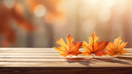 Wall Mural - Autumn maple leaves on wooden table for fall blurred background. Generative Ai