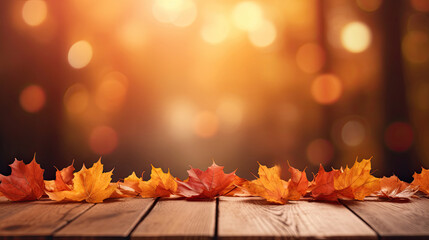 Wall Mural - Autumn maple leaves on wooden table for fall blurred background. Generative Ai
