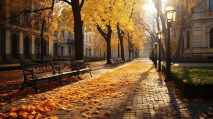 Wall Mural - Autumn, Pathway in beautiful autumn city background. Generative Ai