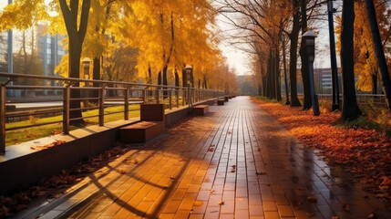 Wall Mural - Autumn, Pathway in beautiful autumn city background. Generative Ai