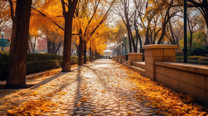 Wall Mural - Autumn, Pathway in beautiful autumn city background. Generative Ai