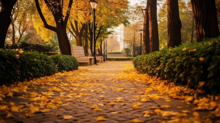 Wall Mural - Autumn, Pathway in beautiful autumn city background. Generative Ai