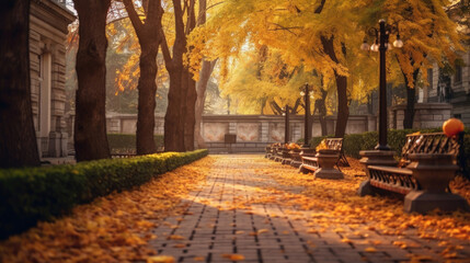 Wall Mural - Autumn, Pathway in beautiful autumn city background. Generative Ai