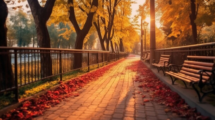 Wall Mural - Autumn, Pathway in beautiful autumn city background. Generative Ai