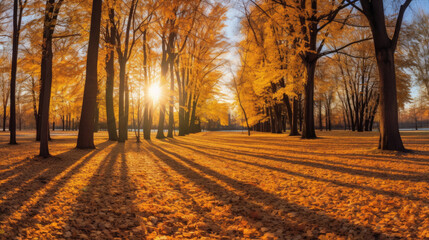 Wall Mural - Autumn, Golden autumn scene in a park, with falling leaves, the sun shining through the trees and blue sky. morning sunlight. Generative Ai