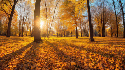 Wall Mural - Autumn, Golden autumn scene in a park, with falling leaves, the sun shining through the trees and blue sky. morning sunlight. Generative Ai