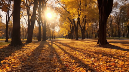 Wall Mural - Autumn, Golden autumn scene in a park, with falling leaves, the sun shining through the trees and blue sky. morning sunlight. Generative Ai