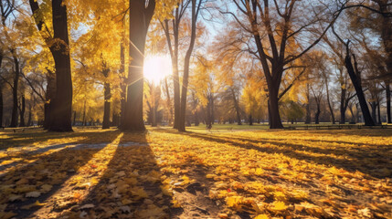Wall Mural - Autumn, Golden autumn scene in a park, with falling leaves, the sun shining through the trees and blue sky. morning sunlight. Generative Ai