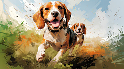 Painting of two beagles playing in the grass