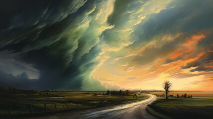 Wall Mural - drawing of a tornado on the road in a field sunset colors.