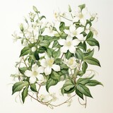 A graceful watercolor botanical illustration of a jasmine vine, showcasing its delicate white flowers and climbing tendrils