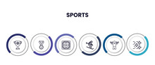 Sport Trophy, Medal With Number 1, Dohyo, Skiing Down Hill, Estadio, Ninja Shuriken Outline Icons. Infographic Template.