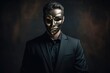 Concept of a liar a man in a suit wearing black mask