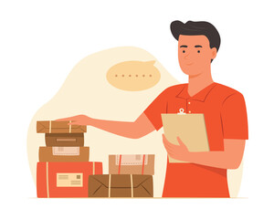 Wall Mural - Delivery Man Checking the Parcel Boxes for Shipping Concept Illustration