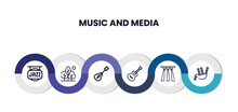 Jazz, Music Spotlight, Quarter Note Rest, Acoustic Guitar, Music Player Headphones, Bagpipes Outline Icons. Infographic Template.