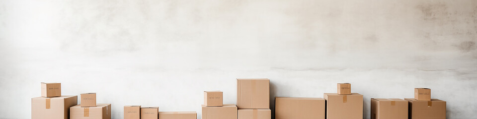 cardboard boxes isolated on a long narrow white background panorama row.