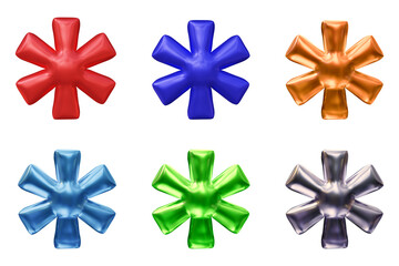 Poster - Set of asterisk mark symbol design. Icon or sign shape isolated on transparent background in 3d rendering.