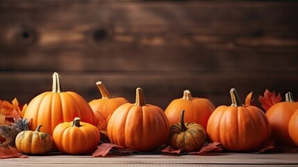 Festive autumn decor from pumpkins, leaves and lights on background 