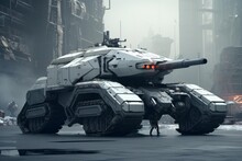 A Futuristic Tank Sitting In An Urban City