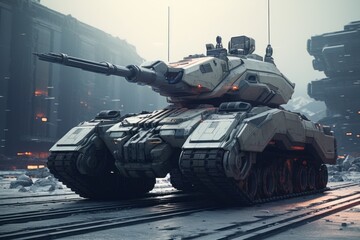 A futuristic tank sitting in an urban city