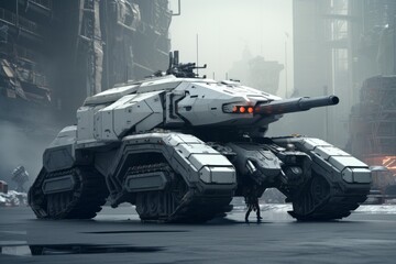 A futuristic tank sitting in an urban city