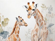 Kids Room Wallpaper With Animals And Pastel Colors. Nursery Wall Mural, Very Minimalistic Drawing, White Wall,