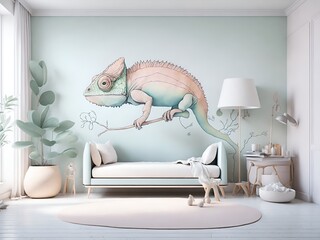 Wall Mural - Kids room wallpaper with animals and pastel colors. Nursery wall mural, very minimalistic drawing, white wall,