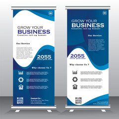 Wall Mural - Roll up banner stand template design, Blue banner layout, advertisement, pull up, polygon background, vector illustration, business flyer, display, x-banner, flag-banner, infographics, presentation