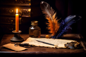 Handwritten letter, feather quill and an inkwell