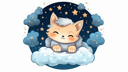 Wall Mural - cute kitten sleeping on a cloud isolated on a white background watercolor drawing.