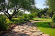 Desert Garden Pathway: A Serene Flagstone Walkway Amongst Trees and Greenery