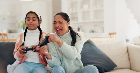 Sticker - Playing video game, mom and child on sofa, fun and relax in living room of home with internet, controller and streaming. Online gaming, technology and excited girl with mother on couch on virtual app