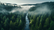 Drone Photo Of Foggy Forest River In The Mountains 