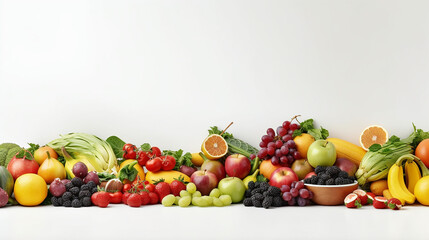 different colored fruits row on white background.