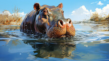 Portrait Of A Hippo In A River In The Water Of The Water
