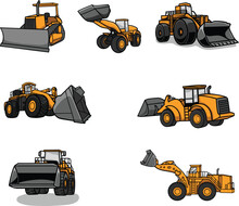 Set Of Front Loader Heavy Machinery With View From Front, Rear, Side. Heavy Machinery For Construction And Mining Vector Illustration.