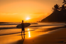 Silhouette Surfer On The Beach At Sunset, Man Carrying Surfboard Walking On Sandy Shore At Sunset, Health Lifestyle And Sport