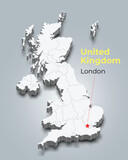 Fototapeta Londyn - United Kingdom 3d map with borders of regions and it’s capital