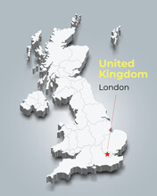 United Kingdom 3d Map With Borders Of Regions And It’s Capital