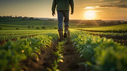 A farmer walks across a green field in welly boots at sunrise