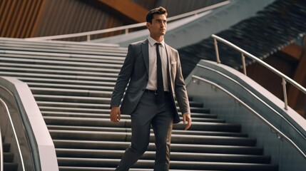 Ambitious businessman in suit climbing the stairs to success