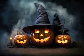 Canvas Print - Creepy Halloween grinning pumpkins glow in the dark among the fog. jack-o-lantern in a witch hat on a black background in smoke.