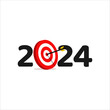 Happy New Year 2024 with target design. 2024 number design template. Symbols 2024 Happy New Year. Successful goal in 2024. Vector illustration.